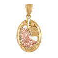 14K Yellow and Rose Gold Religious Praying Hands with Cross & Bible Dangling Pendant 1.45 Grams - Sticky add to cart bar