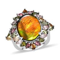 Canadian Ammolite, Multi Gemstone Ring in Platinum Over Sterling Silver (Size 6.0) 8.40 ctw