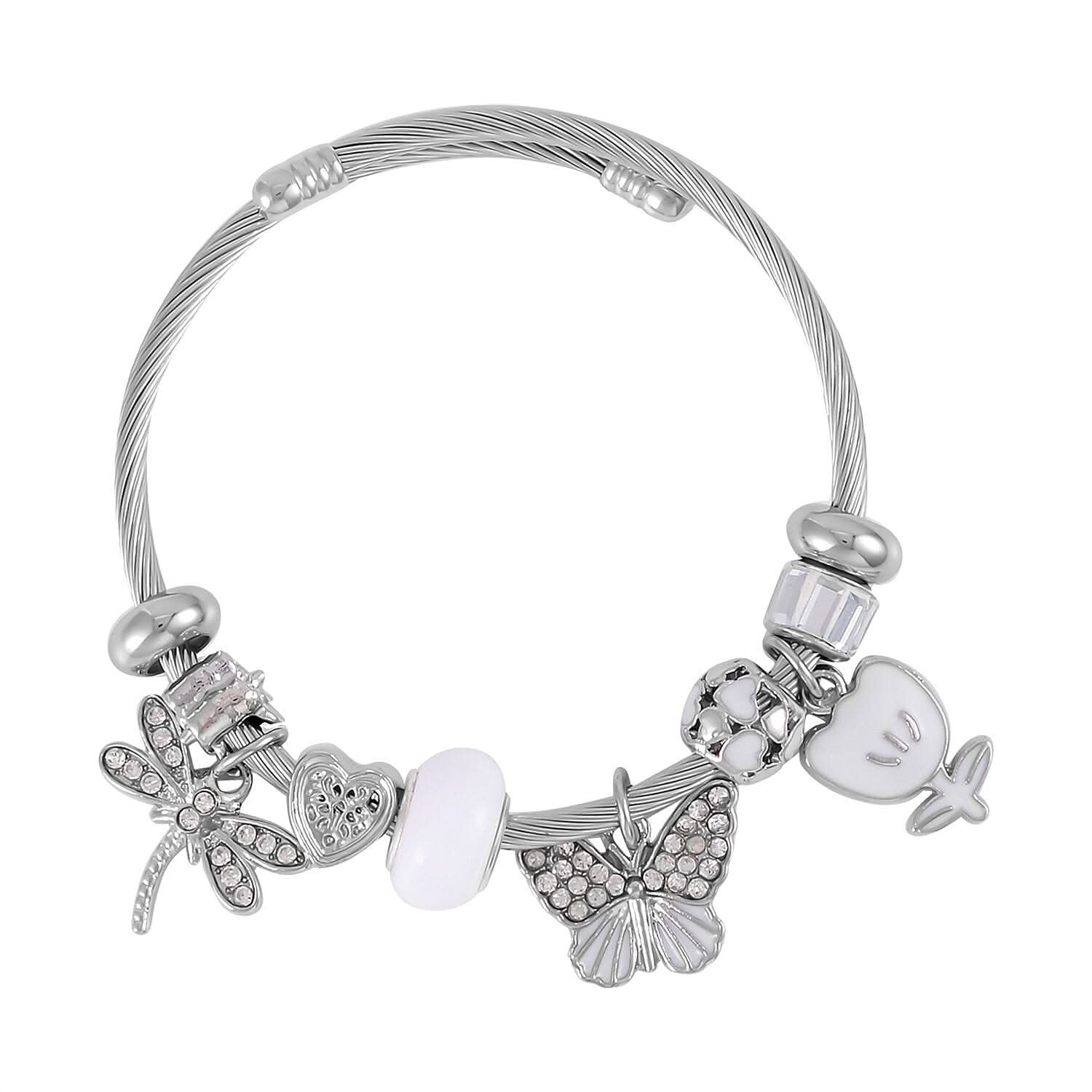 Austrian Crystal, White Glass, Enameled Bracelet (6.5-7.5In) in Stainless Steel & Silvertone