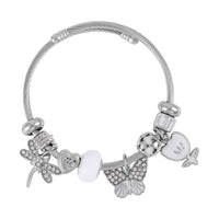 Austrian Crystal, White Glass, Enameled Bracelet (6.5-7.5In) in Stainless Steel & Silvertone