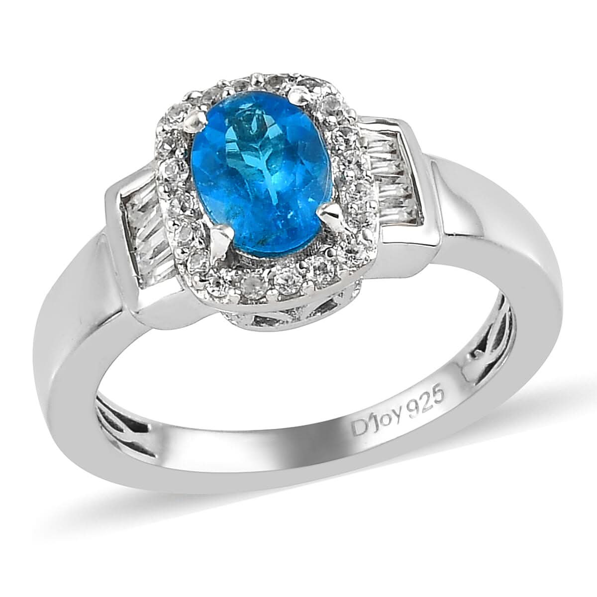 Malgache Neon Apatite, Natural White Zircon Ring in Platinum Over Sterling Silver (Size 10.0) 1.20 ctw
