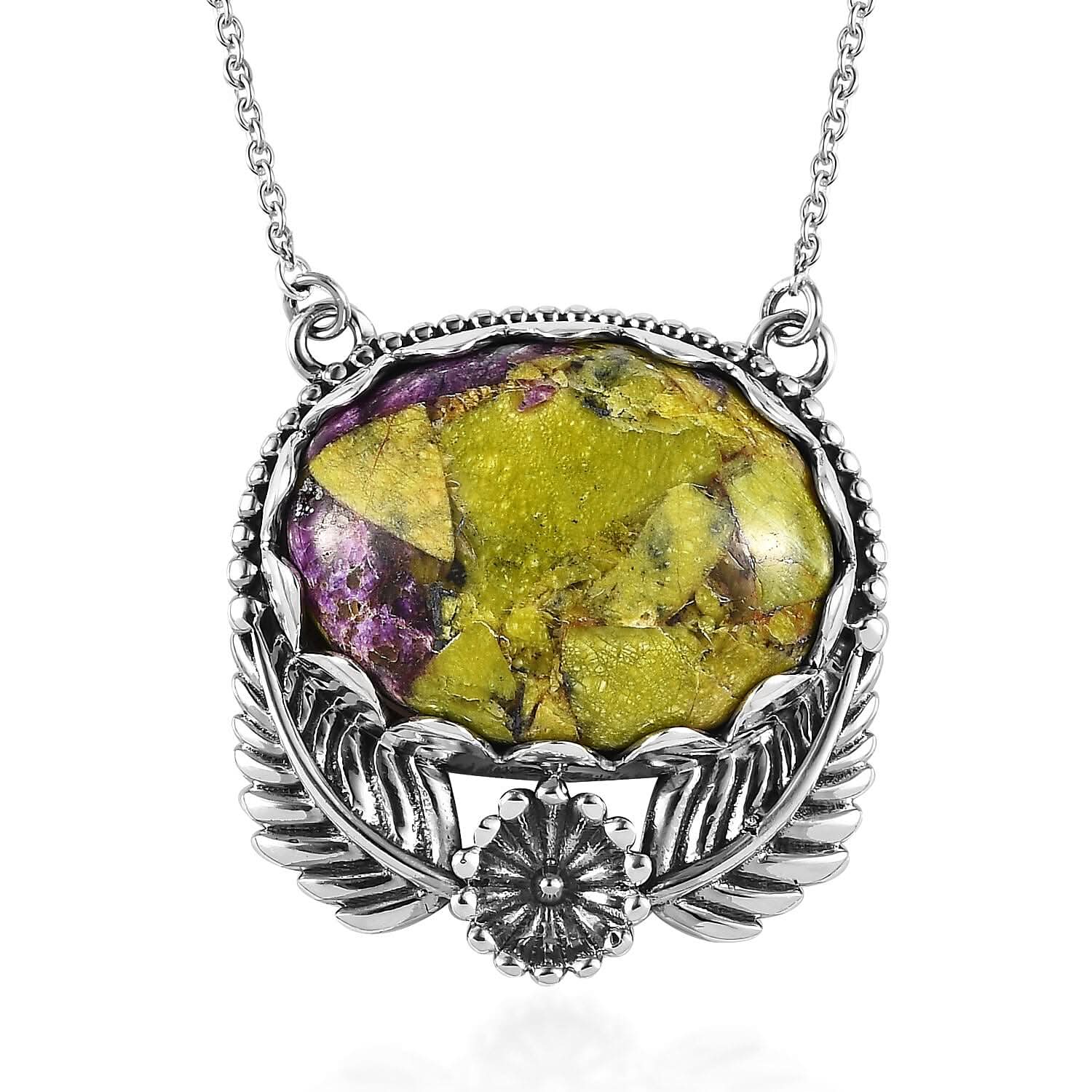 Artisan Crafted Tasmanian Stichtite Leaf & Floral Necklace 18 Inches in Sterling Silver 13.75 ctw