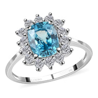 Luxoro 10K White Gold Premium Cambodian Blue Zircon and Moissanite Sunburst Ring (Size 10.0) 4.25 ctw