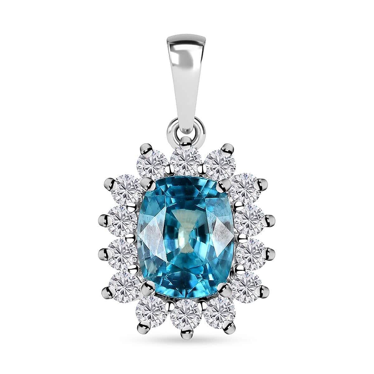 Luxoro 10K White Gold AAA Ratanakiri Blue Zircon and Moissanite Sunburst Pendant 4.25 ctw
