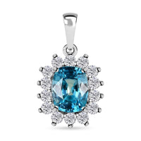 Luxoro 10K White Gold AAA Ratanakiri Blue Zircon and Moissanite Sunburst Pendant 4.25 ctw