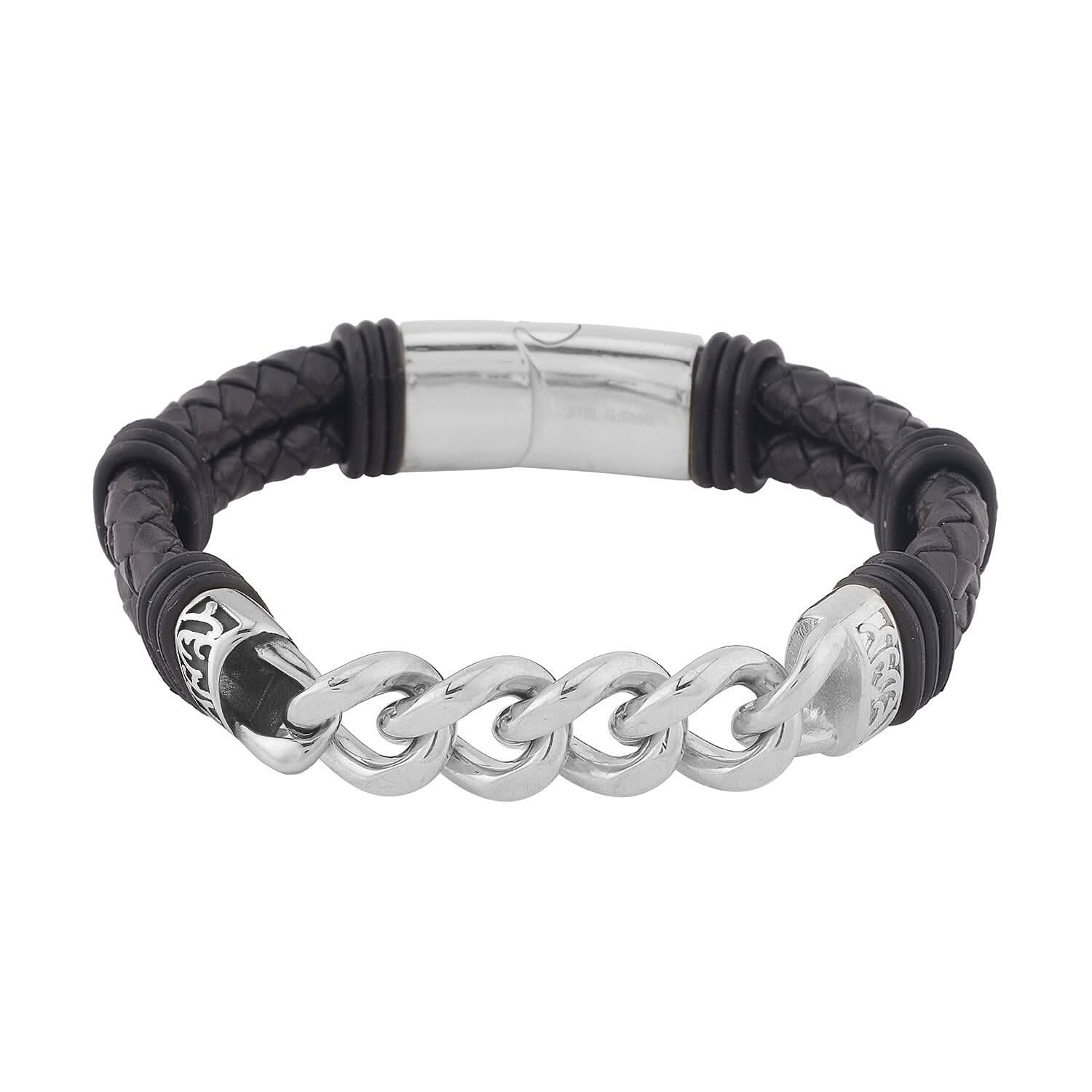 Faux Leather Cord Link Chain Men's Bracelet in Stainless Steel (8.50 In)