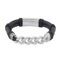 Faux Leather Cord Link Chain Men's Bracelet in Stainless Steel (8.50 In)