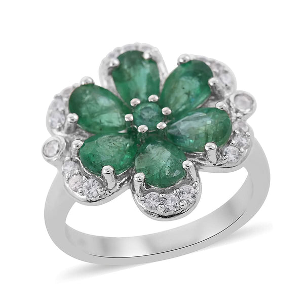 AAA Kagem Zambian Intense Green Emerald, Natural White Zircon Flower Ring in Rhodium Over Sterling Silver (Size 6.0) 2.60 ctw - Product card gallery slide 1 (9431473520895)