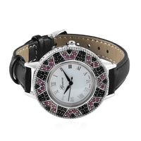 GENOA Natural Chrome Diopside, Natural Thai Black Spinel Miyota Japanese Movement Watch with Black Leather Strap (26 mm) 2.25 ctw