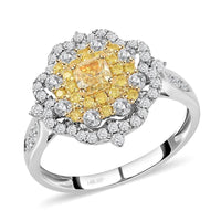 Natural Yellow And White Diamond Flower Ring, Yellow Diamond Ring, Floral Cluster Ring, 14K White and Yellow Gold Ring, Wedding Ring For Her 1.00 ctw (Size 10)