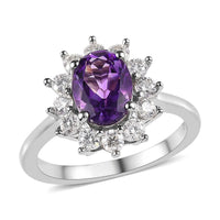 Premium Moroccan Amethyst and Moissanite Sunburst Ring in Platinum Over Sterling Silver 2.00 ctw