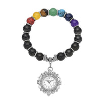 Genoa Japanese Movement Shungite and Seven Chakra Gemstone Beaded Stretch Bracelet Charm Watch 136.00 ctw