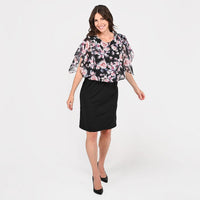 TAMSY Black Floral Dress with Overlay - L