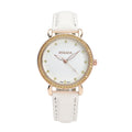 STRADA Simulated Yellow Diamond Japanese Movement Watch in Rosetone with White Faux Leather Strap 0.50 ctw - Sticky add to cart bar
