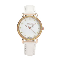 STRADA Simulated Yellow Diamond Japanese Movement Watch in Rosetone with White Faux Leather Strap 0.50 ctw