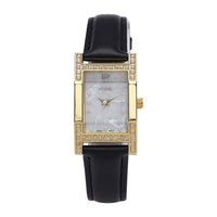 STRADA Simulated Diamond Japanese Movement Watch in Goldtone with Black Faux Leather Strap 0.40 ctw