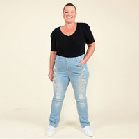 TAMSY Light Blue Floral Pattern Cotton Jeans -
