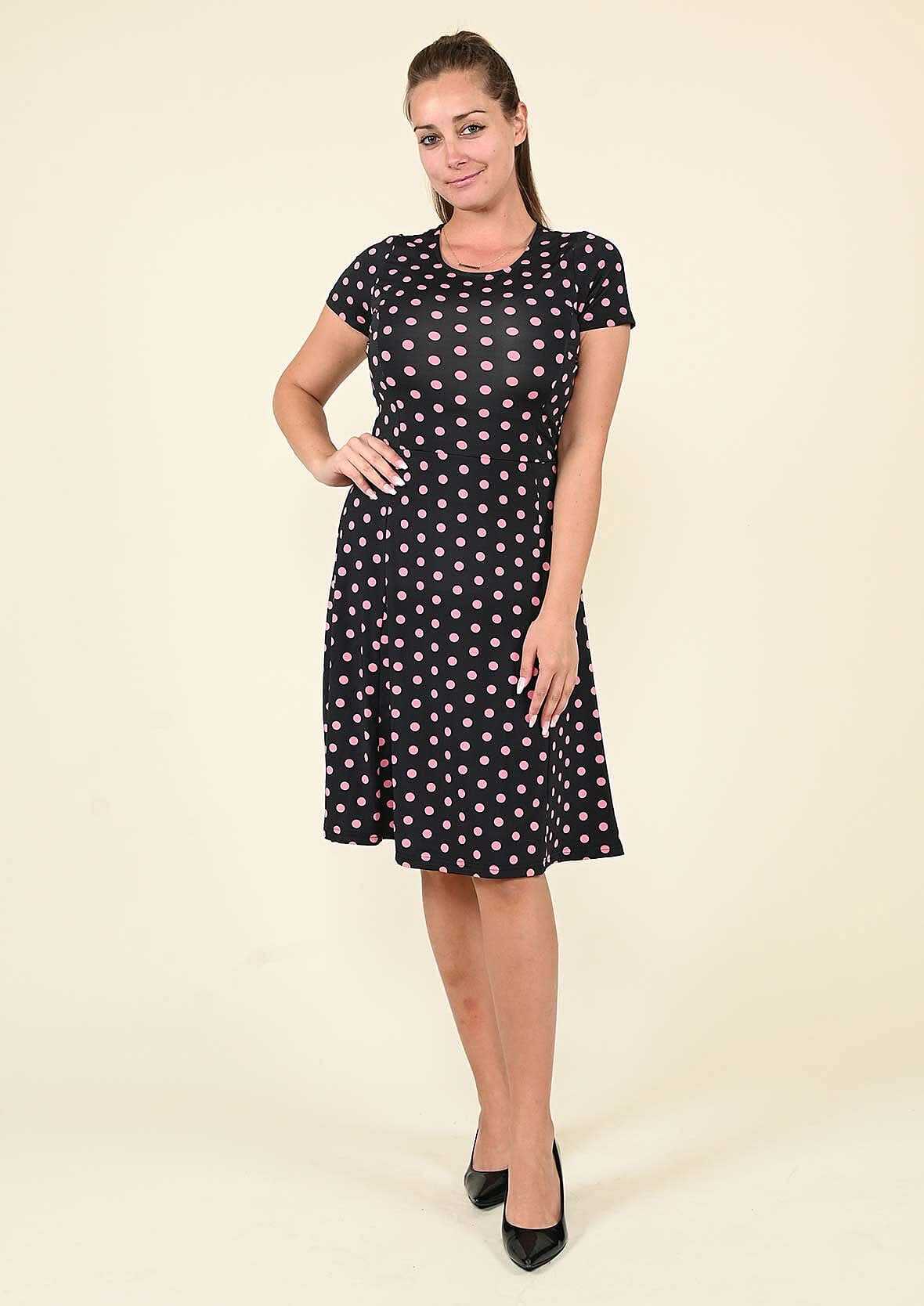 TAMSY Pink and Black Polka Dot Pattern Dress - (S)