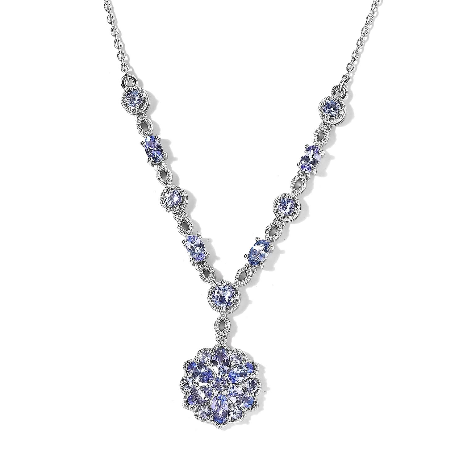 Tanzanite Floral Necklace 18 Inches in Platinum Over Sterling Silver 3.25 ctw