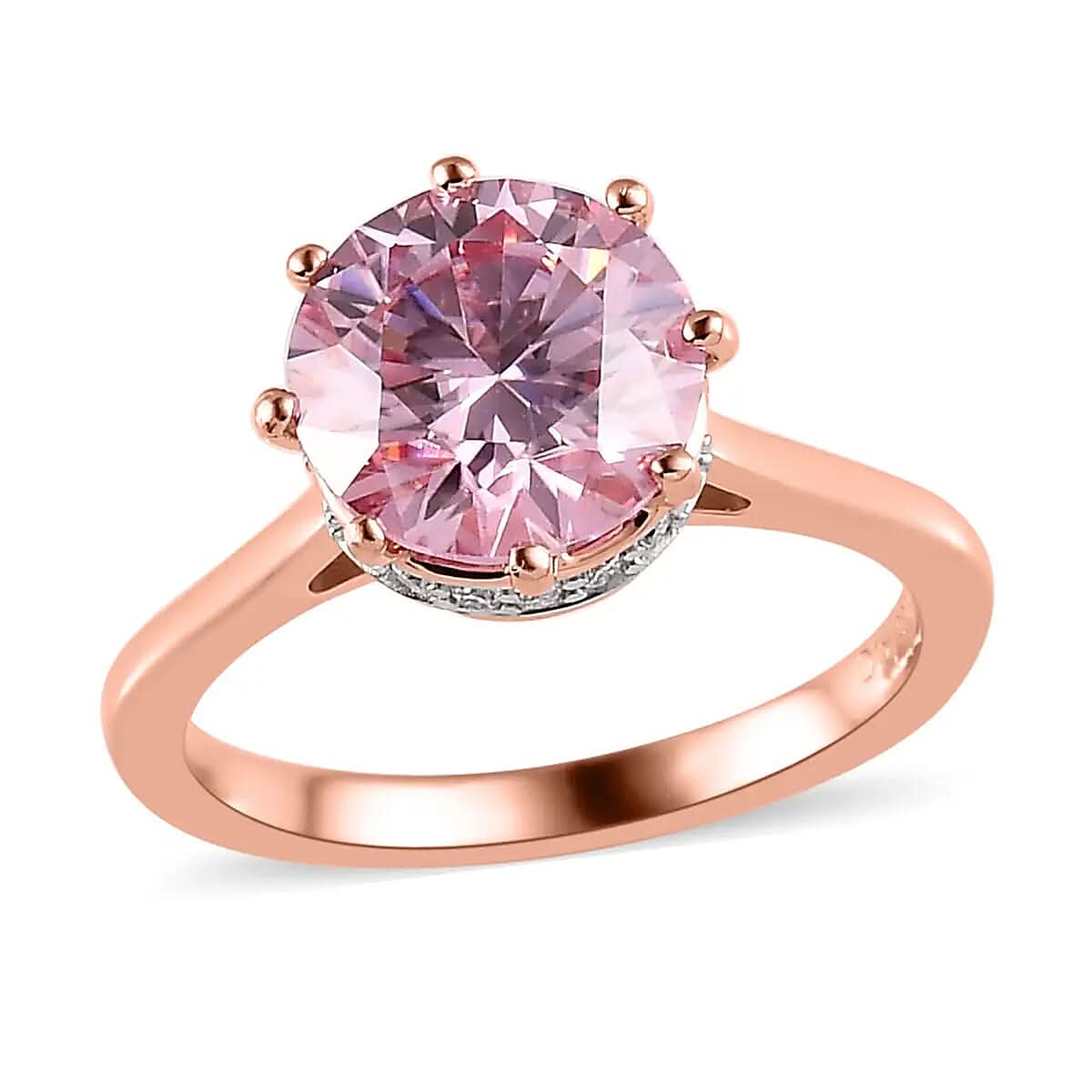 Pink Moissanite (Rnd 9mm) and White Moissanite Ring in Vermeil RG Over Sterling Silver (Size 10.0) 2.65 ctw