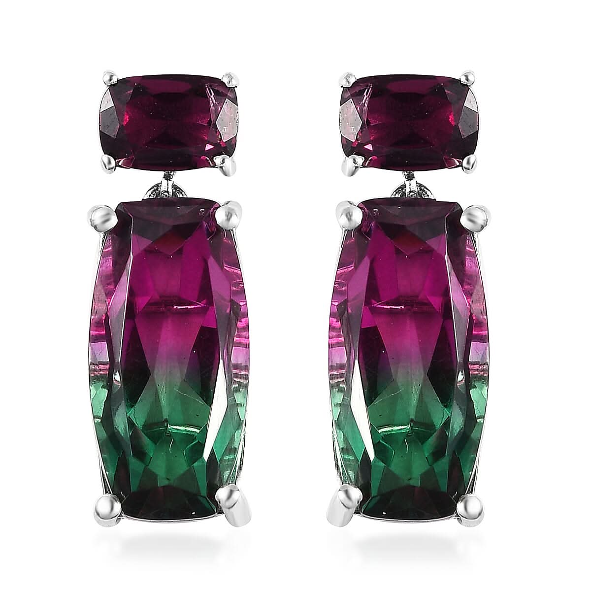 Watermelon Quartz (Triplet) and Orissa Rhodolite Garnet Dangle Earrings in Platinum Over Sterling Silver 14.25 ctw