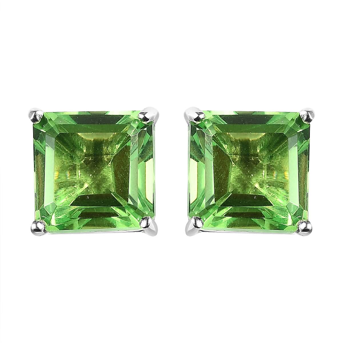 Asscher Cut Chartreuse Quartz (Triplet) Solitaire Stud Earrings in Platinum Over Sterling Silver 11.50 ctw