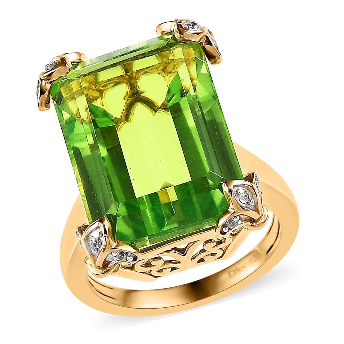Chartreuse Quartz (Triplet) and White Zircon Ring in Vermeil Yellow Gold Over Sterling Silver 17.00 ctw