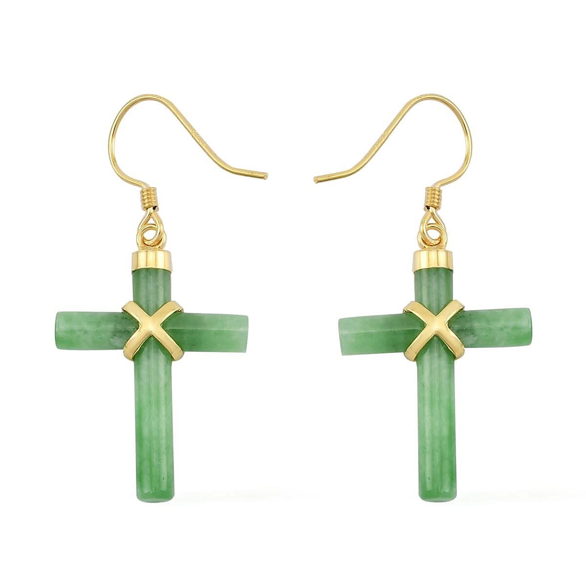 Green Jade (D) Cross Earrings in 14K Yellow Gold Over Sterling Silver 13.00 ctw