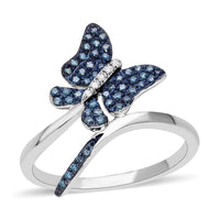 Venice Blue Diamond I1-I2 and Diamond Butterfly Ring in Platinum Over Sterling Silver (Size 10.0) 0.25 ctw