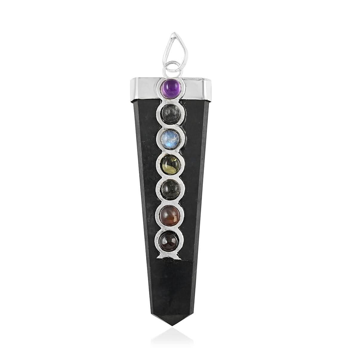 Elite Shungite and Multi Gemstone Sevan Chakra Pendant in Silvertone 32.65 ctw