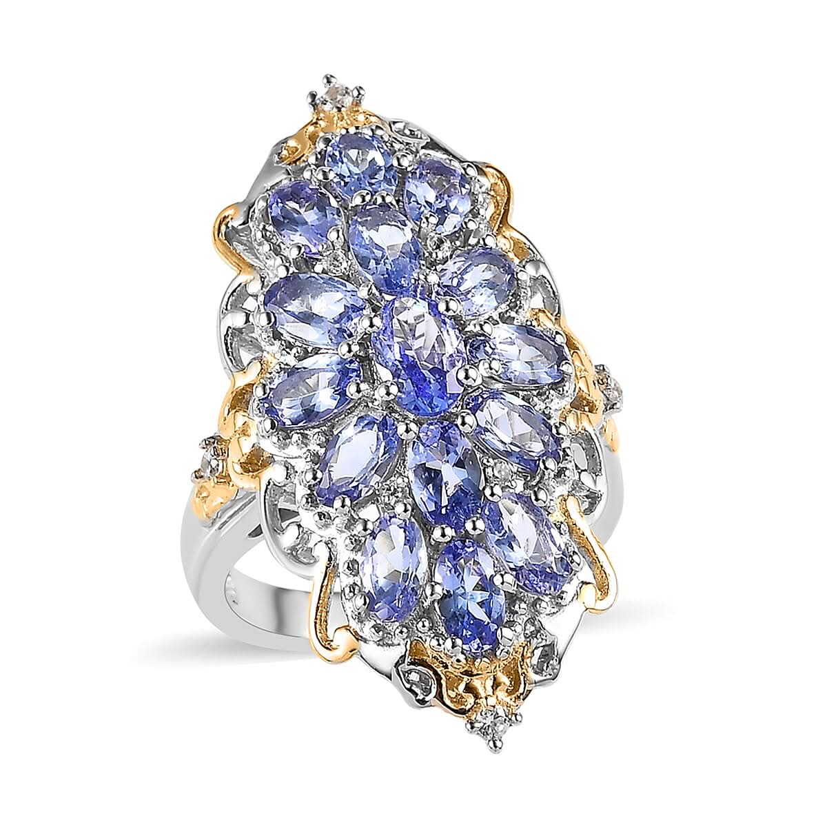 Tanzanite and White Zircon Elongated Ring in Vermeil Yellow Gold and Platinum Over Sterling Silver 3.65 ctw