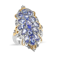 Tanzanite and White Zircon Elongated Ring in Vermeil Yellow Gold and Platinum Over Sterling Silver 3.65 ctw