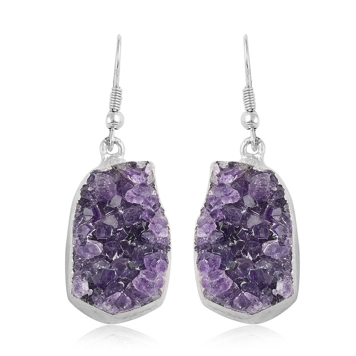 Amethyst with Druze Earrings in Silvertone 63.60ctw