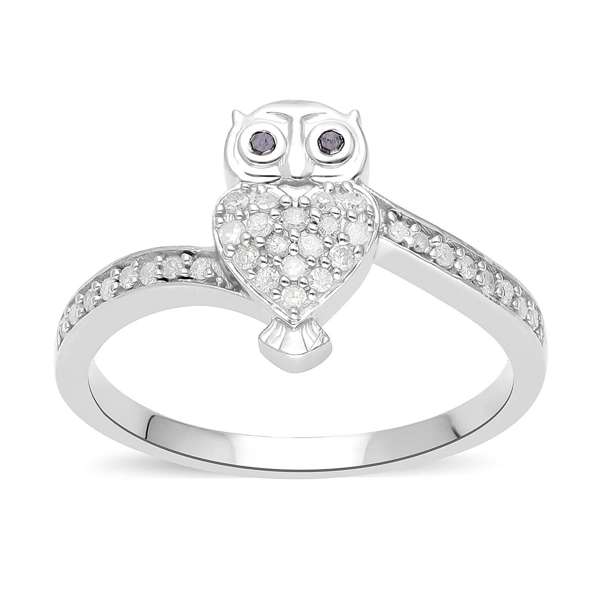 Black and White Diamond Owl Ring in Platinum Over Sterling Silver 0.25 ctw