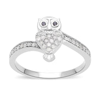 Black and White Diamond Owl Ring in Platinum Over Sterling Silver 0.25 ctw