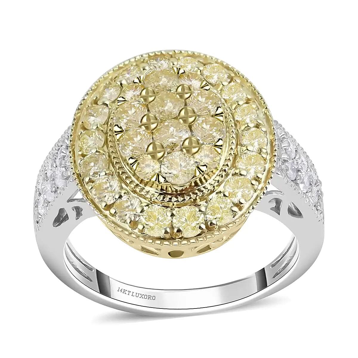 Luxoro I3 Natural Yellow and White Diamond Ring, 14K White and Yellow Gold Ring, Diamond Cluster Ring, Diamond Jewelry For Her 1.75 ctw