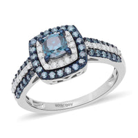 Venice Blue Diamond I1-I2 and Diamond Double Halo Ring in Platinum Over Sterling Silver (Size 7.0) 1.10 ctw