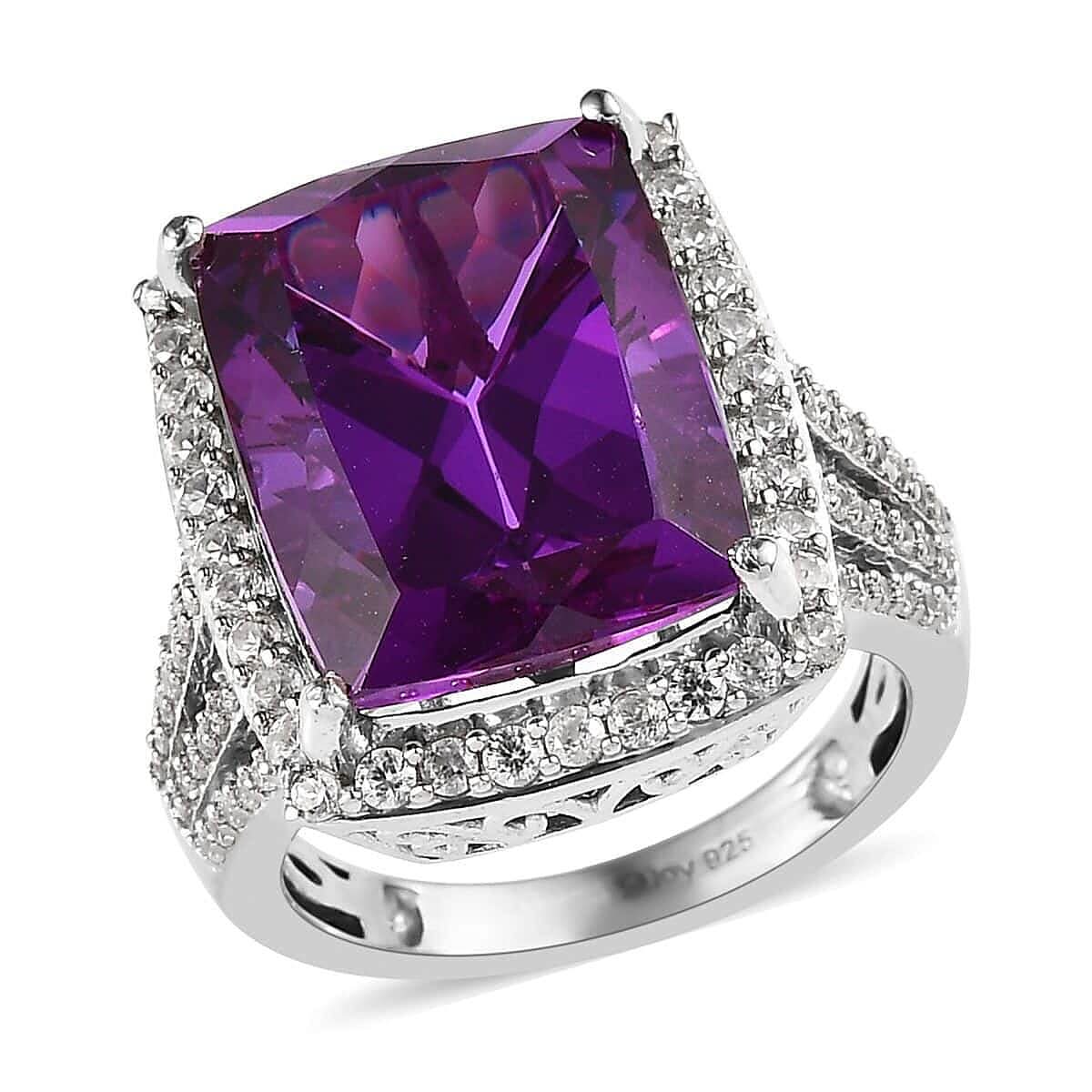 Lab Grown Color Change Sapphire and White Zircon Ring in Platinum Over Sterling Silver 17.25 ctw