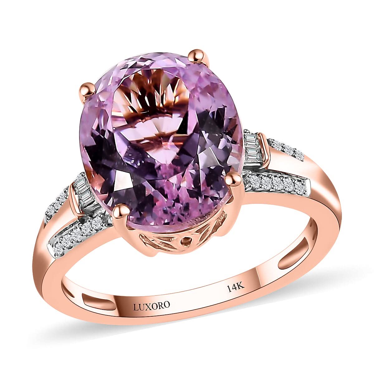 Luxoro 14K Rose Gold AAA Kunzite and G-H I3 Diamond Ring (Size 10.0) 6.65 ctw