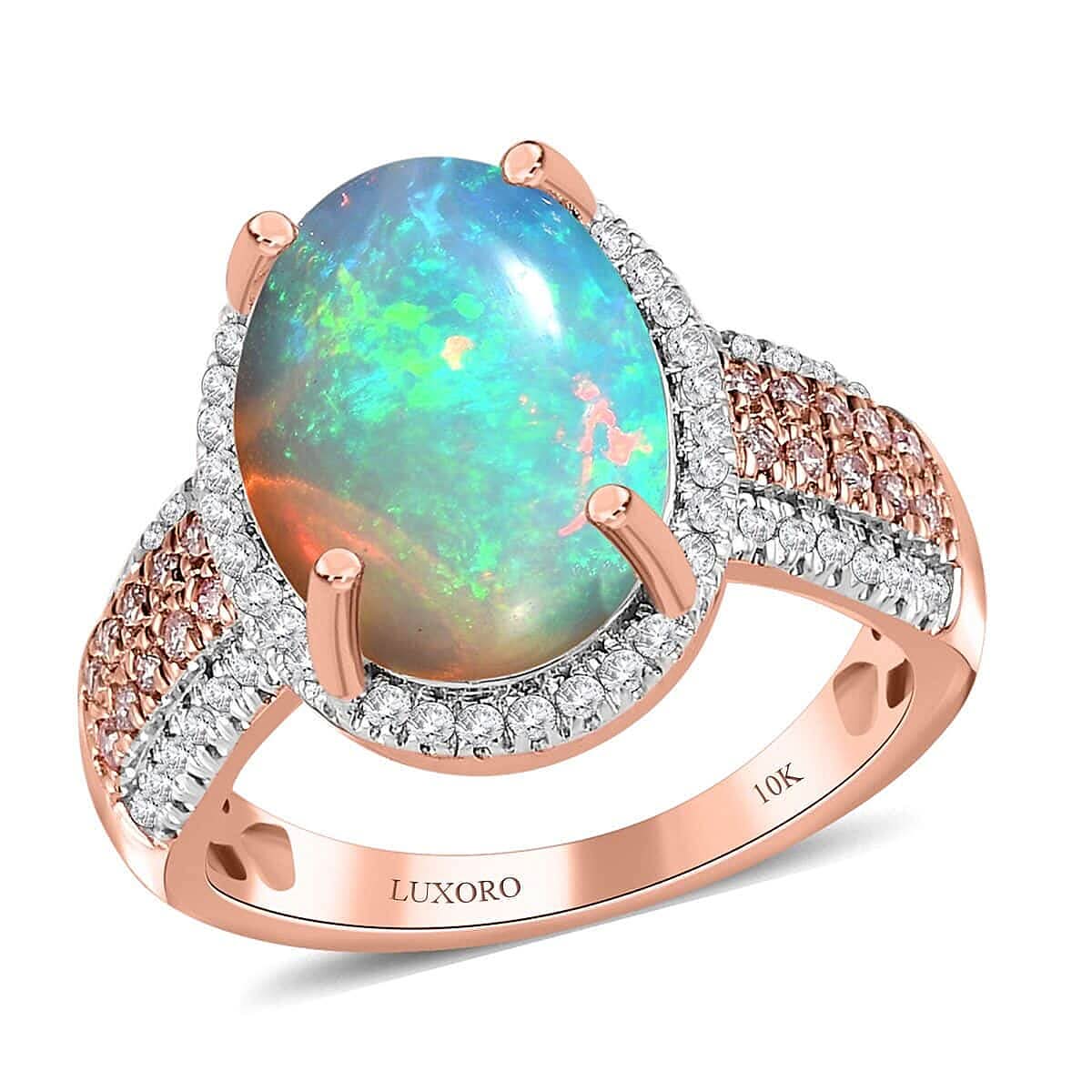 Luxoro 10K Rose Gold AAA Ethiopian Welo Opal, Natural Pink and White Diamond Ring 4.00 ctw