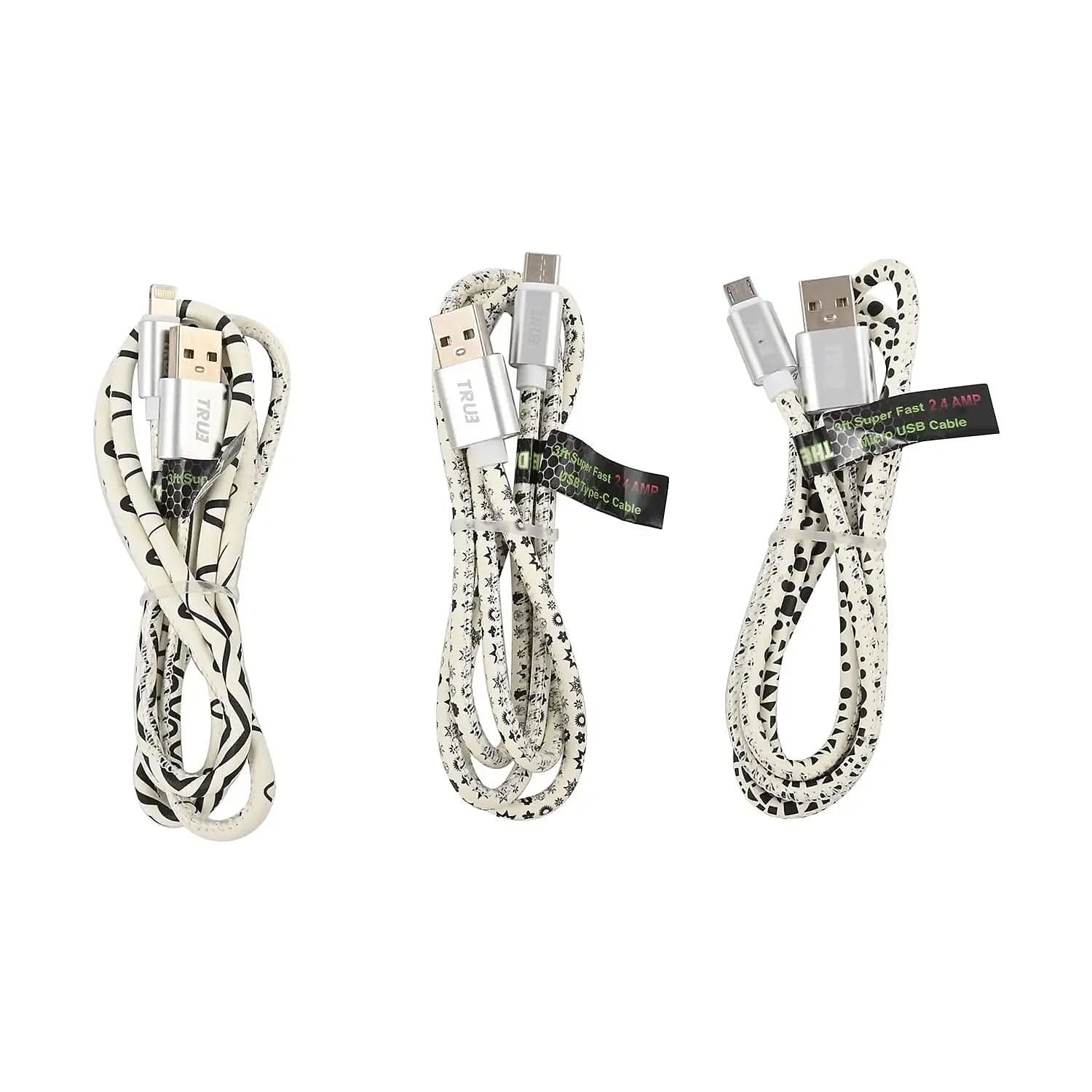 Closeout 3pc 3ft USB-A to Micro, USB-C & Lightning Glow in the Dark Charging Cables 2.4amp