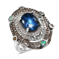GP Celsteial Dreams Collection Blue Star Sapphire (DF), Multi Gemstone Ring in Platinum Over Sterling Silver (Size 10.0) 7.35 ctw