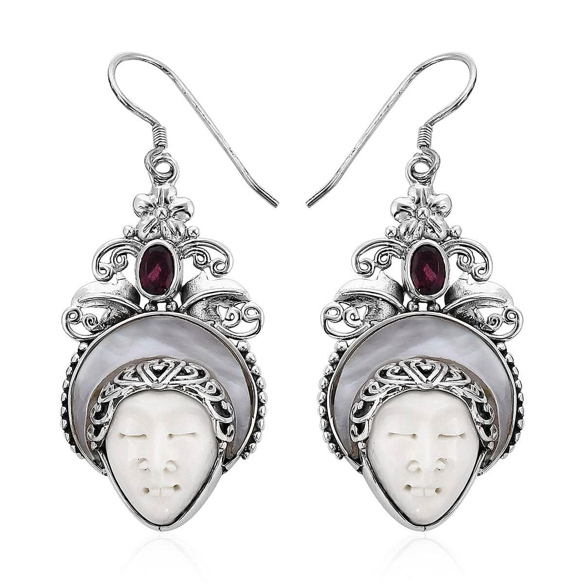 Bali Legacy Carved Bone and Multi Gemstone Earrings in Sterling Silver 4.60 ctw