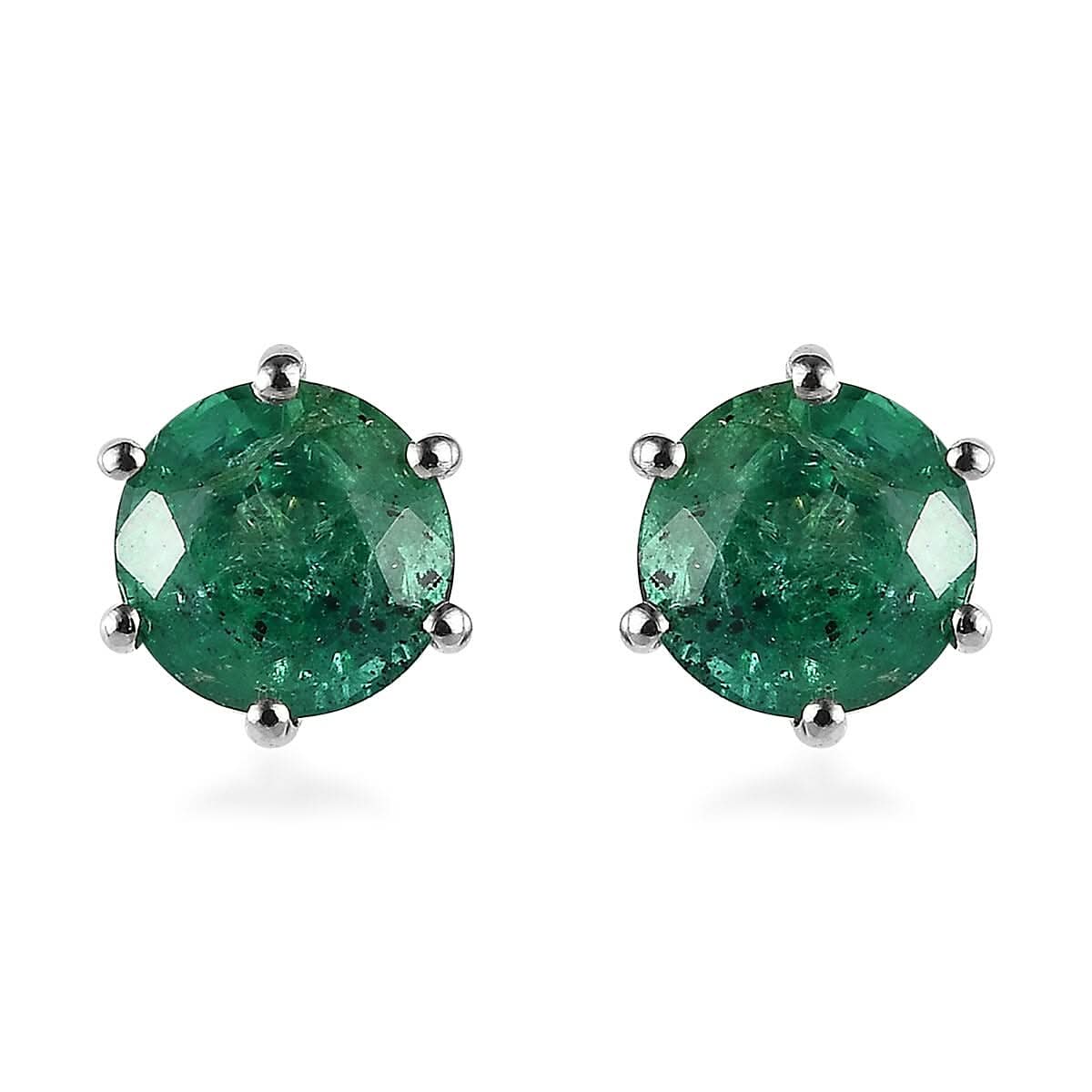 AAA Kagem Zambian Emerald Solitaire Stud Earring in Platinum Over Sterling Silver 1.00 ctw