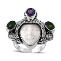 Bali Legacy Carved Bone and Multi Gemstone Ring in Sterling Silver 2.10 ctw