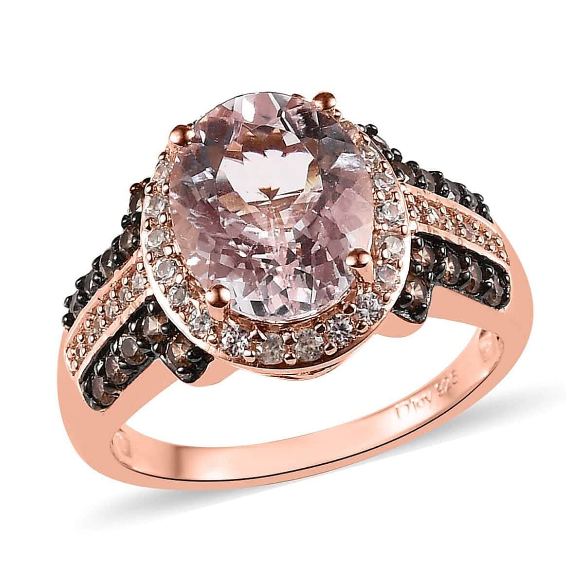 Pink Morganite, Champagne and White Zircon Ring in Vermeil Rose Gold Over Sterling Silver 3.15 ctw (Del. in 5-7 Days)