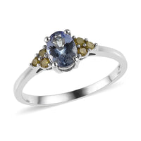 Peacock Tanzanite and Yellow Diamond Ring in Platinum Over Sterling Silver (Size 10.0) 0.90 ctw