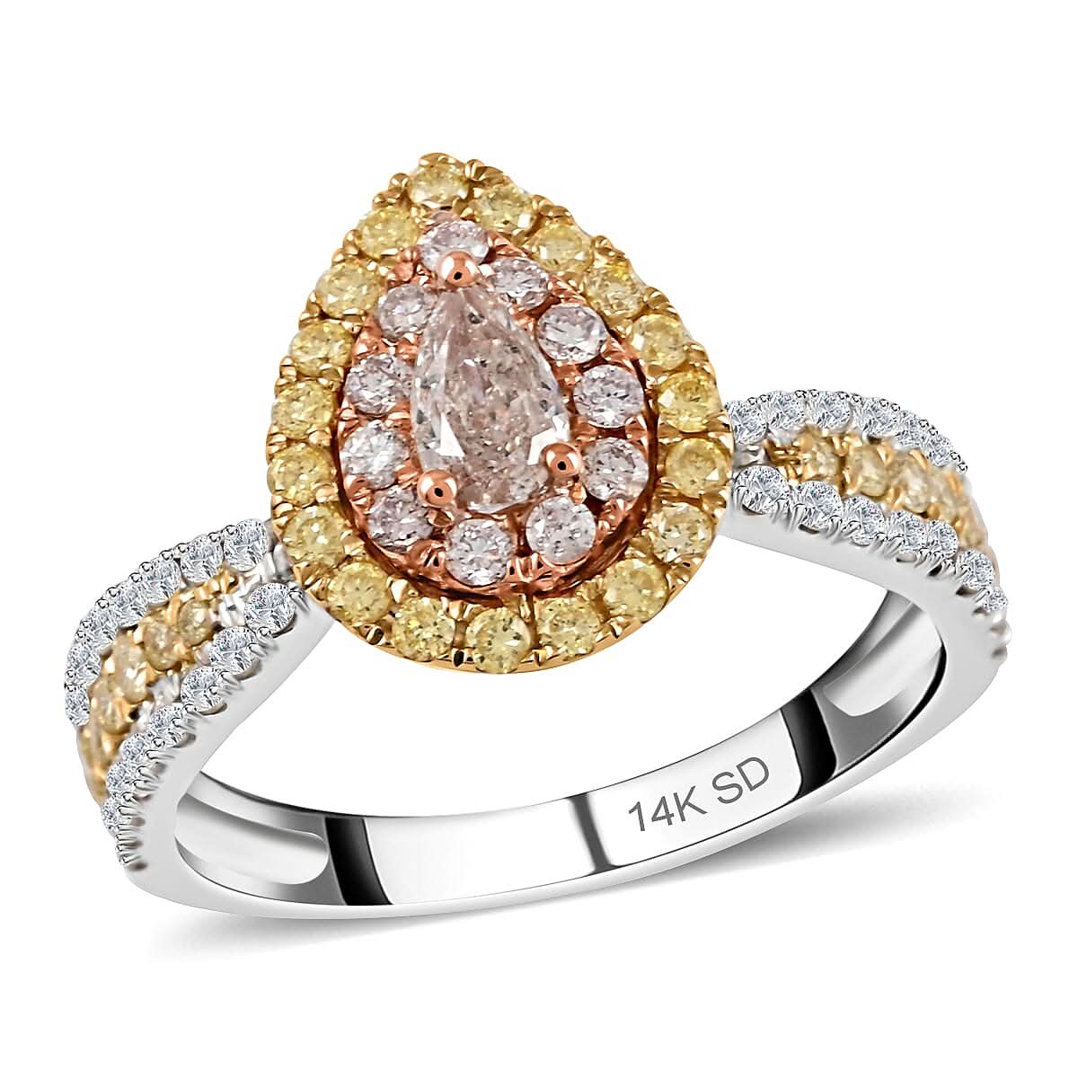 Ankur Treasure Chest 14K Tri-tone Gold Diamond Ring | Natural Pink, Yellow and White Diamond Ring | Tear Drop Ring | Pear Shape Ring | Diamond Cluster Ring | Tri Color Gold Ring 0.75 ctw