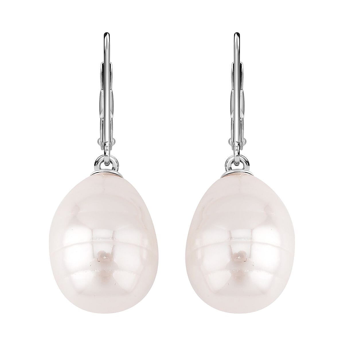 Shell Pearl Lever Back Earrings in Rhodium Over Sterling Silver