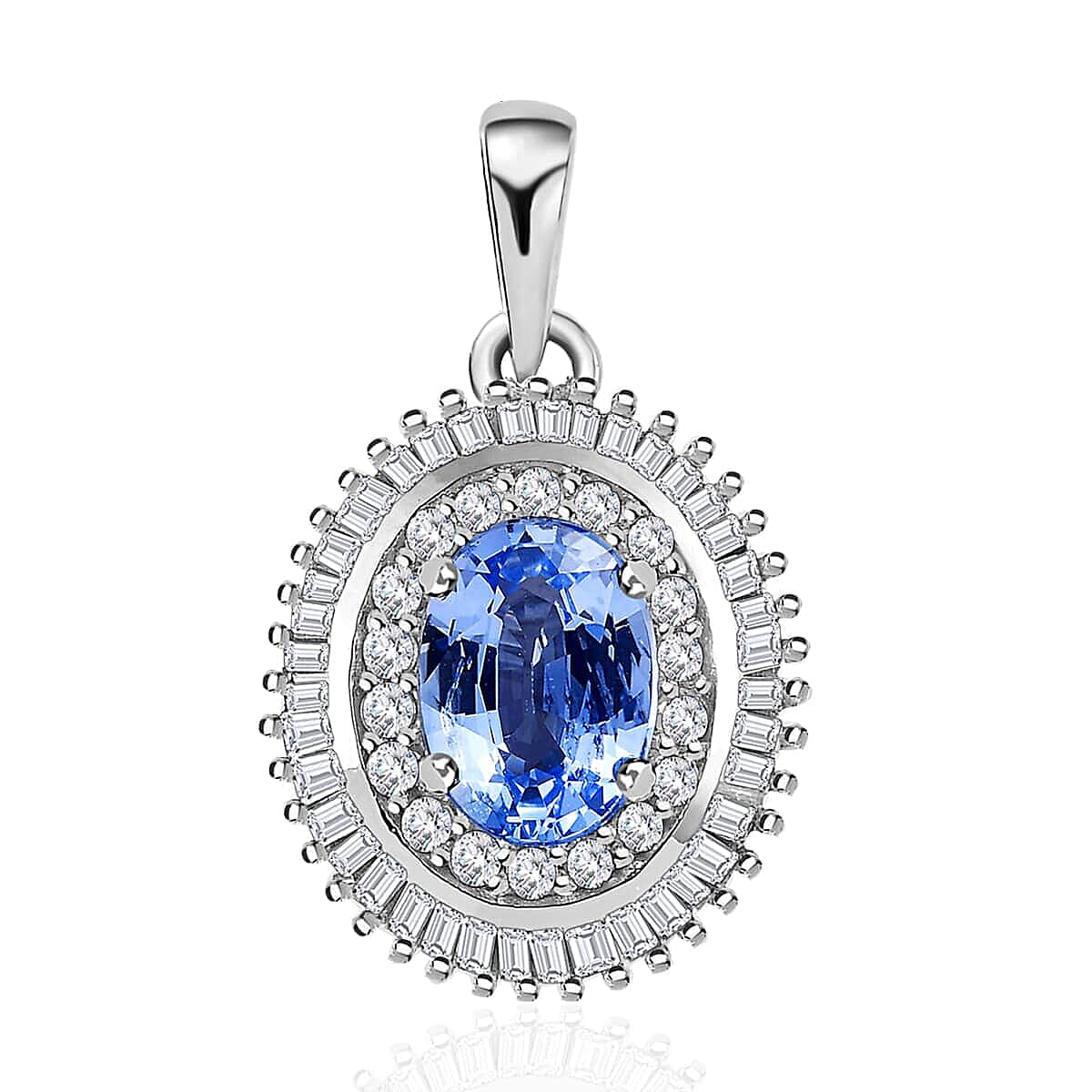 Luxoro 10K White Gold Premium Ceylon Blue Sapphire and Diamond Double Halo Pendant